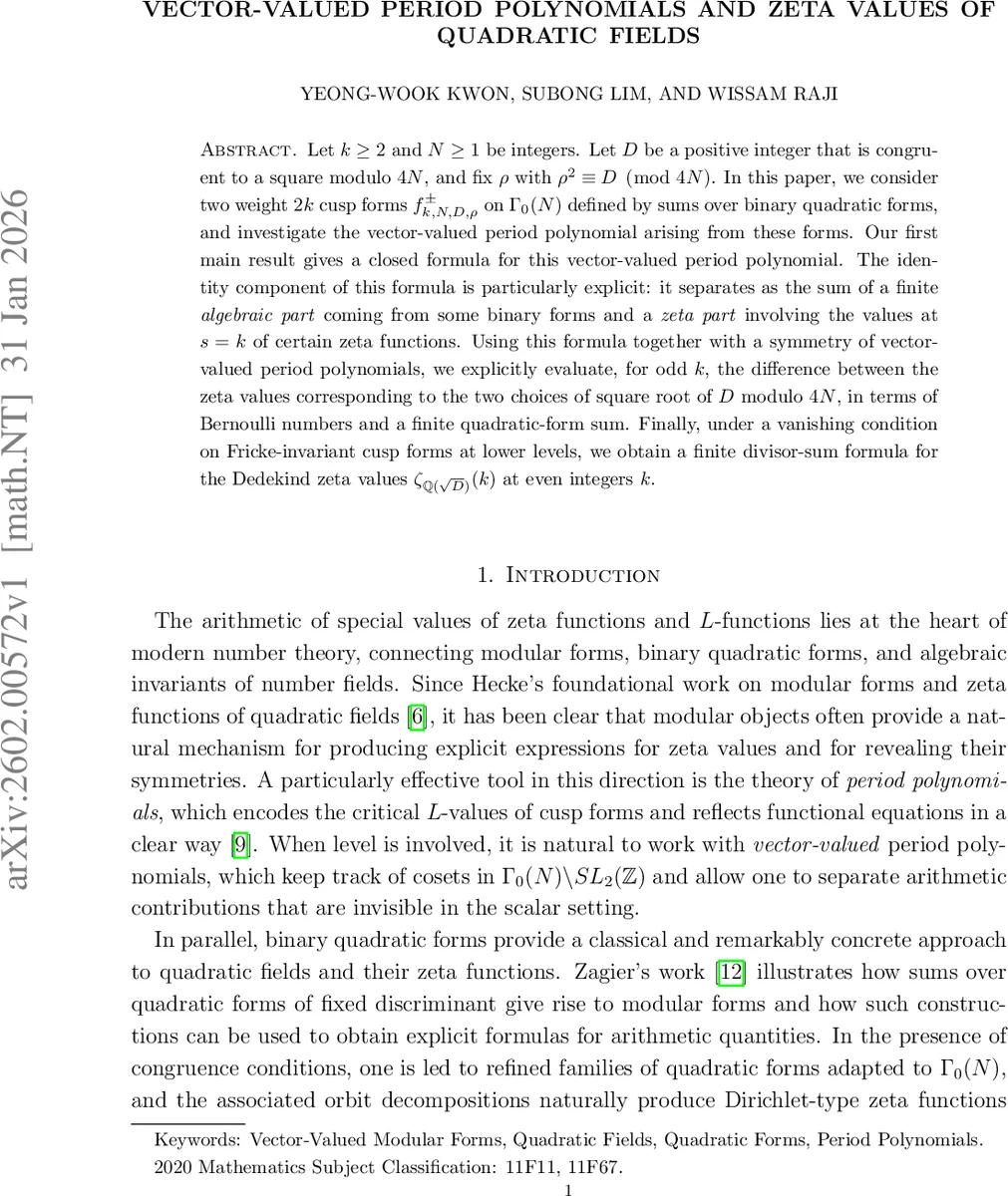 Vector-Valued Period Polynomials and Zeta Values of Quadratic Fields