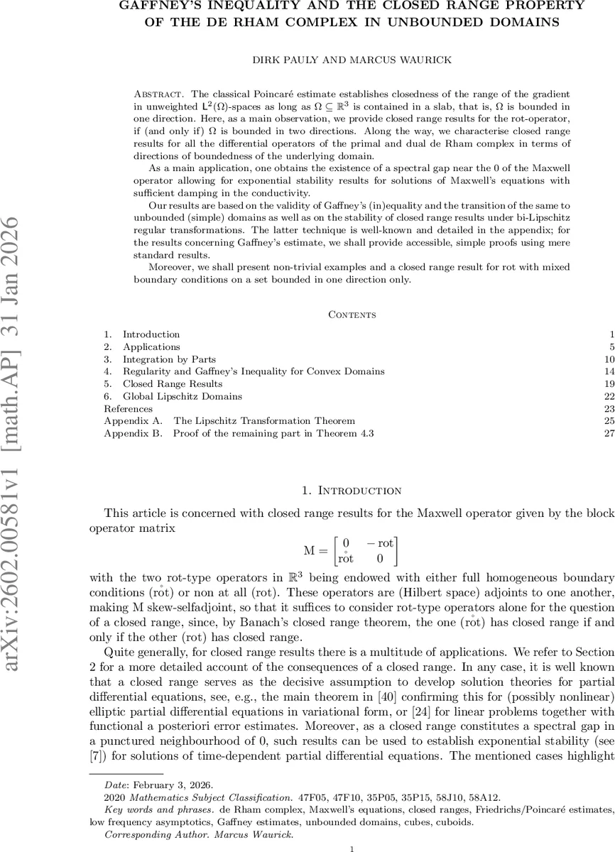Gaffney's Inequality and the Closed Range Property of the de Rham Complex in Unbounded Domains
