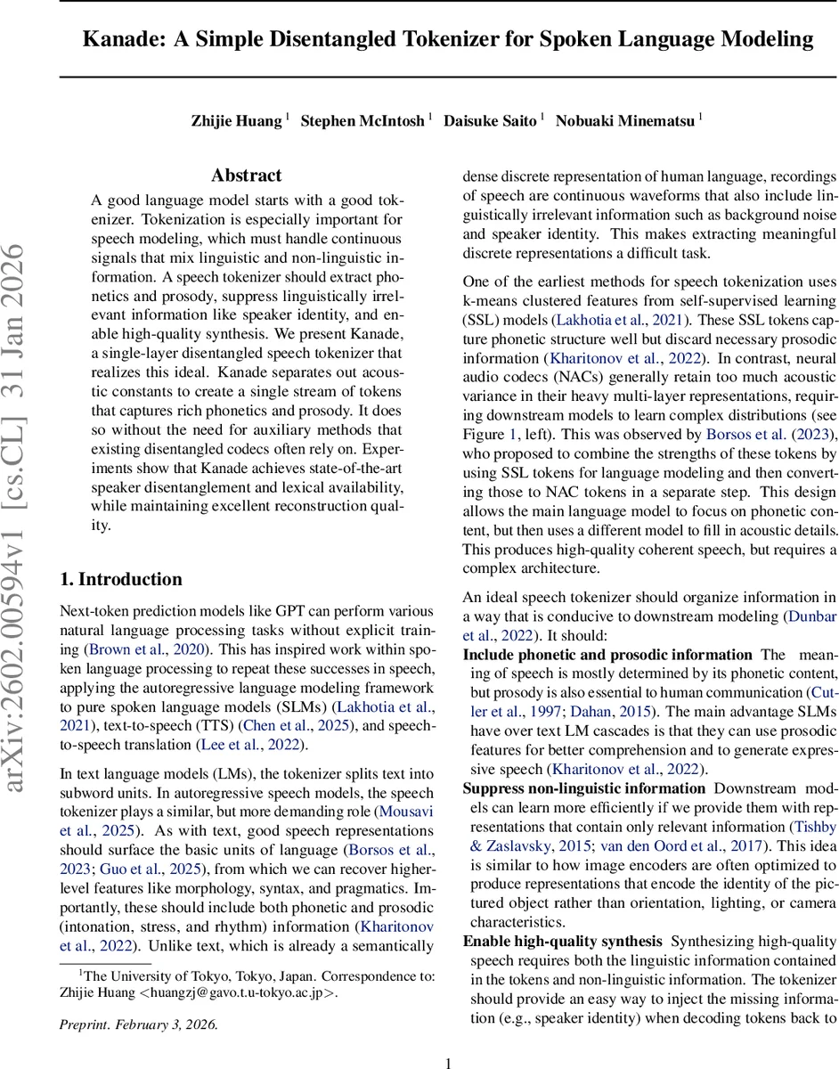 Kanade: A Simple Disentangled Tokenizer for Spoken Language Modeling