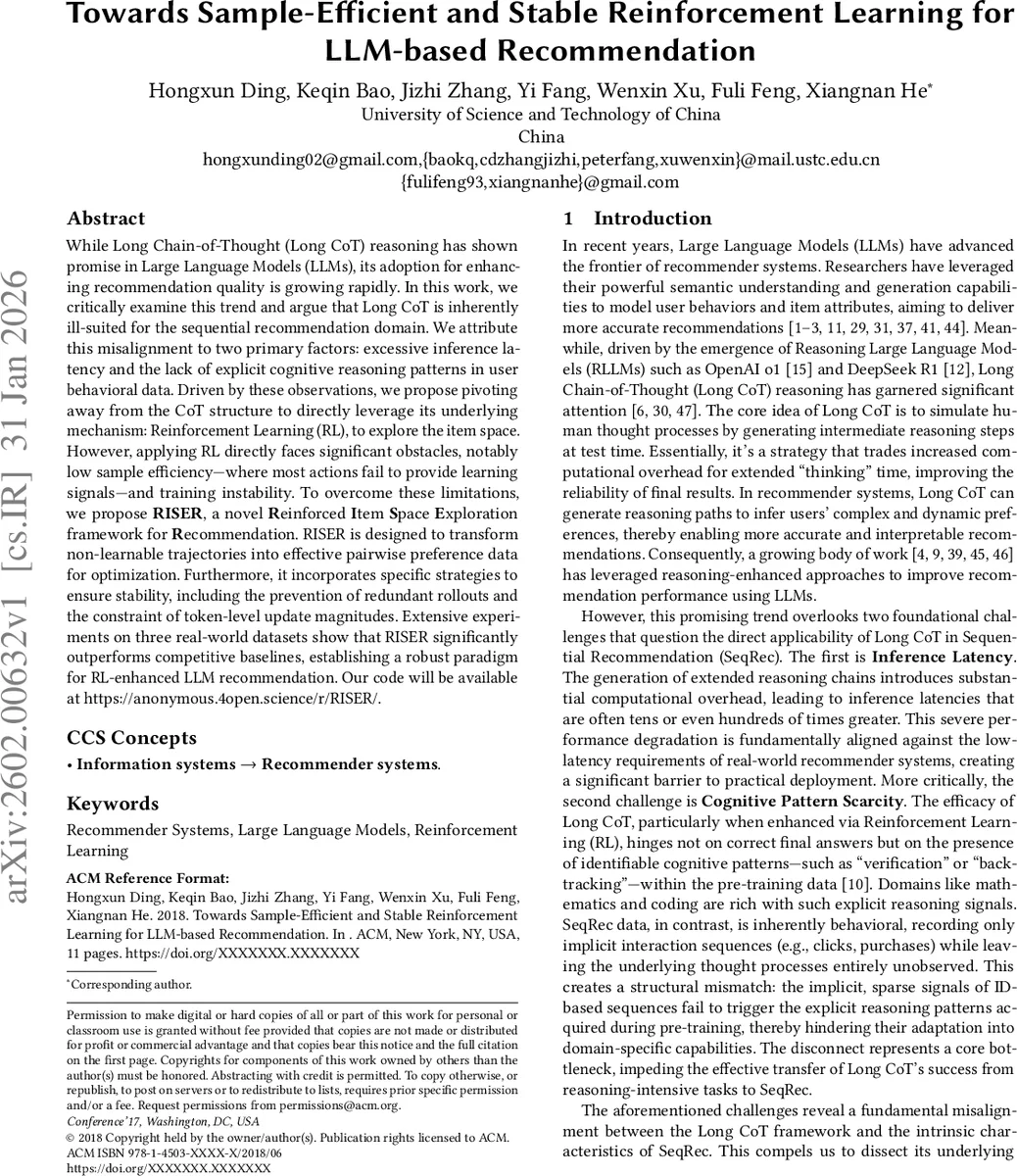 Towards Sample-Efficient and Stable Reinforcement Learning for LLM-based Recommendation