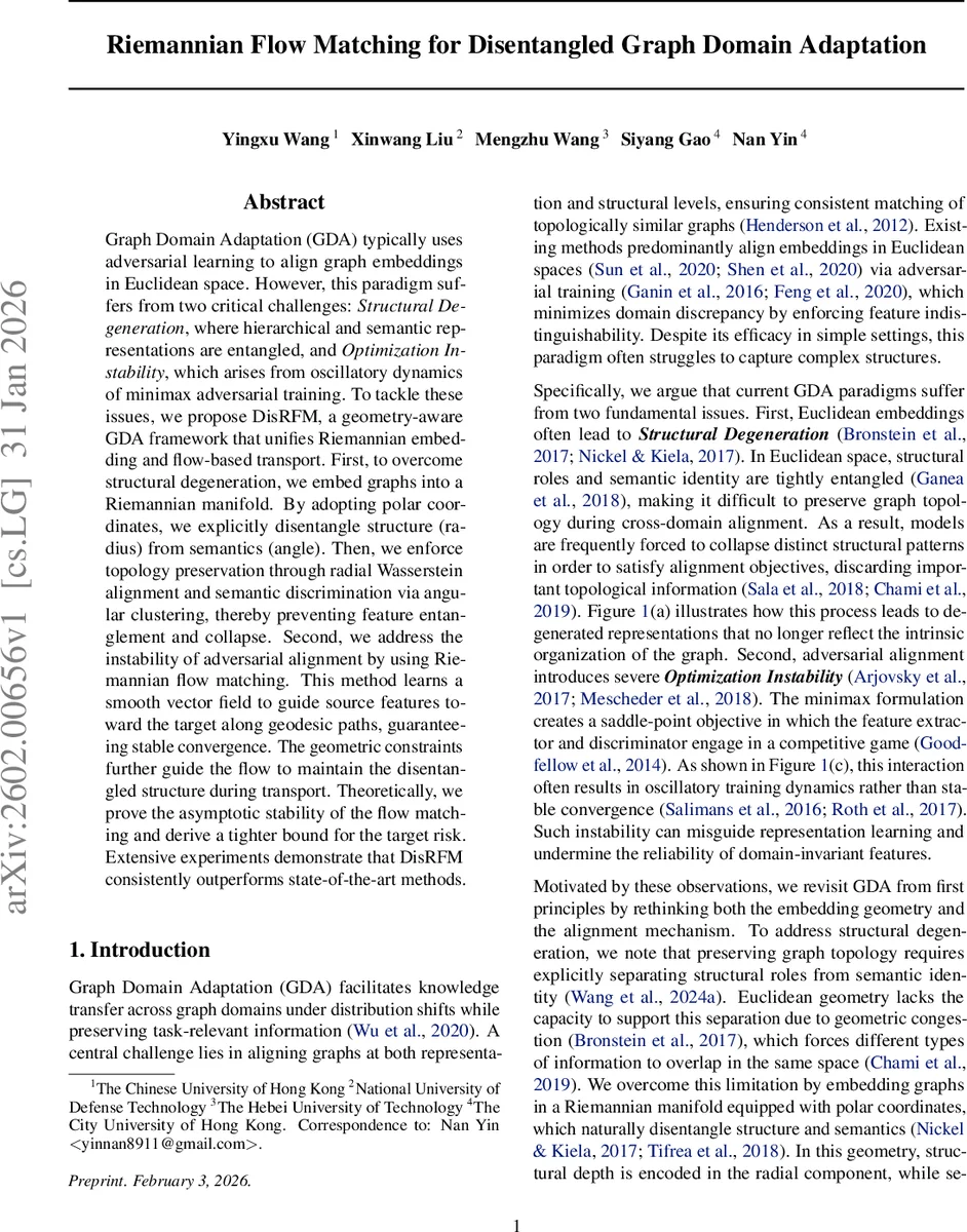 Riemannian Flow Matching for Disentangled Graph Domain Adaptation
