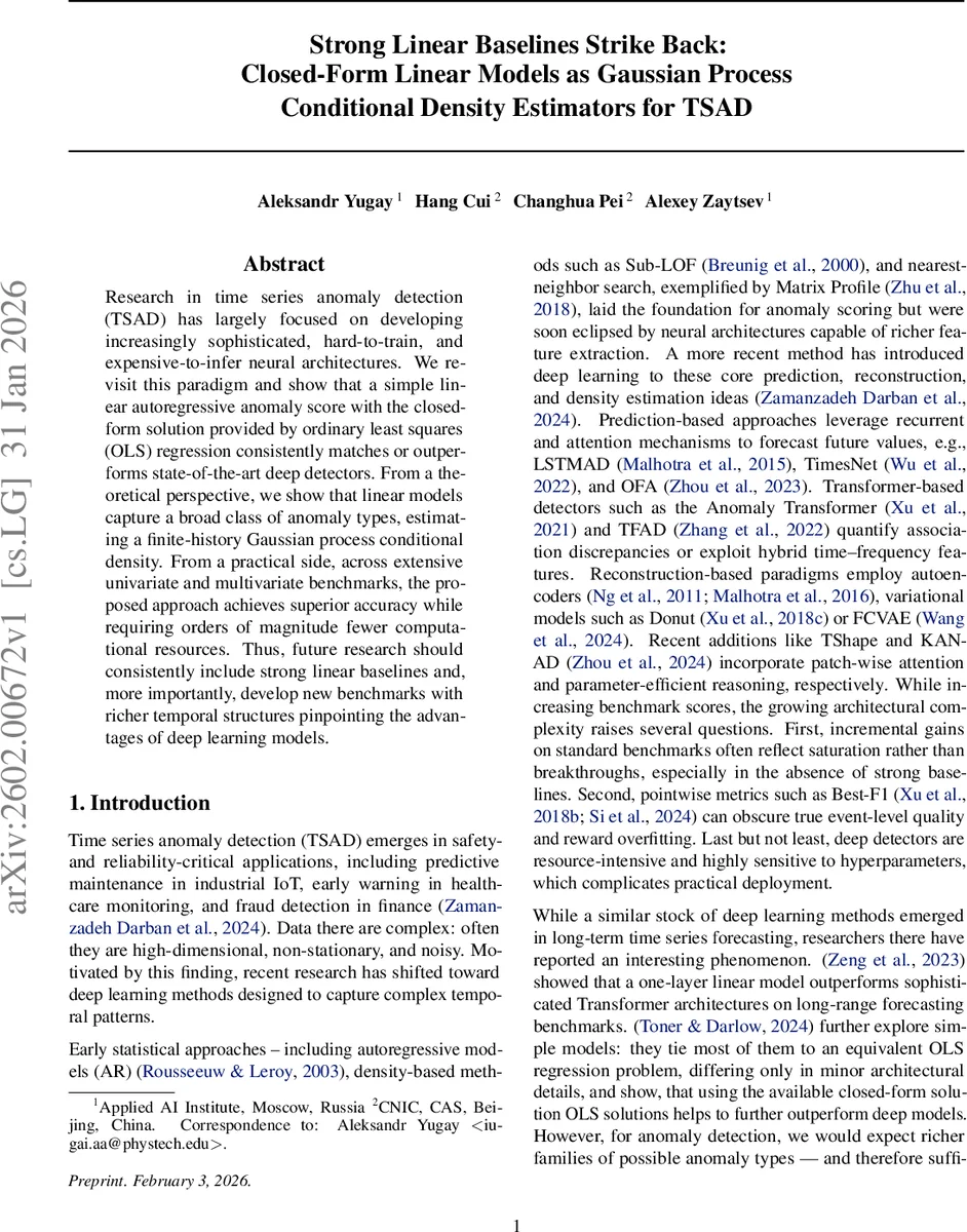 Strong Linear Baselines Strike Back: Closed-Form Linear Models as Gaussian Process Conditional Density Estimators for TSAD