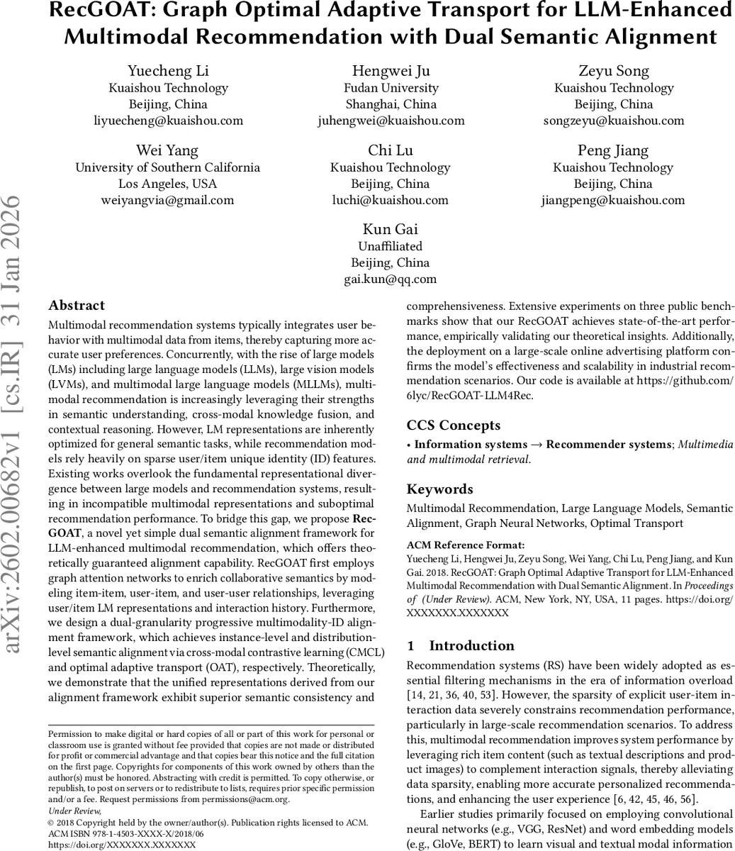 RecGOAT: Graph Optimal Adaptive Transport for LLM-Enhanced Multimodal Recommendation with Dual Semantic Alignment