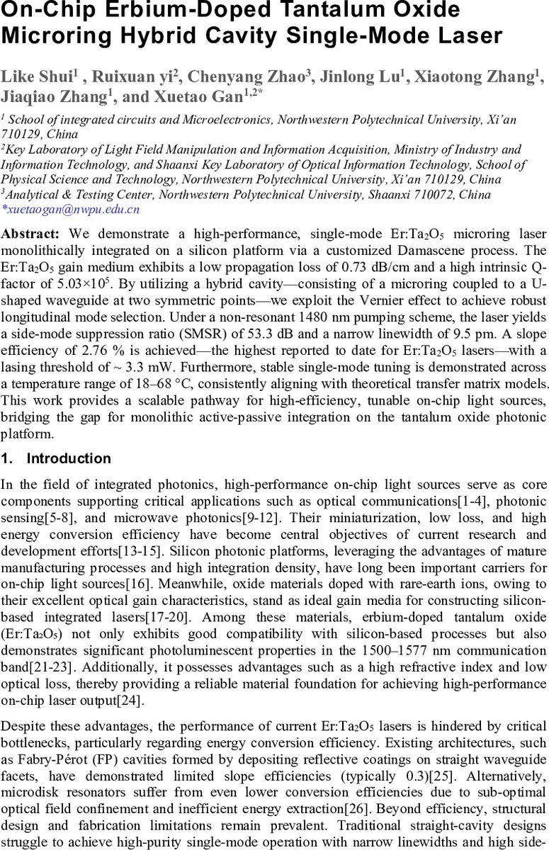 On-Chip Erbium-Doped Tantalum Oxide Microring Hybrid Cavity Single-Mode Laser