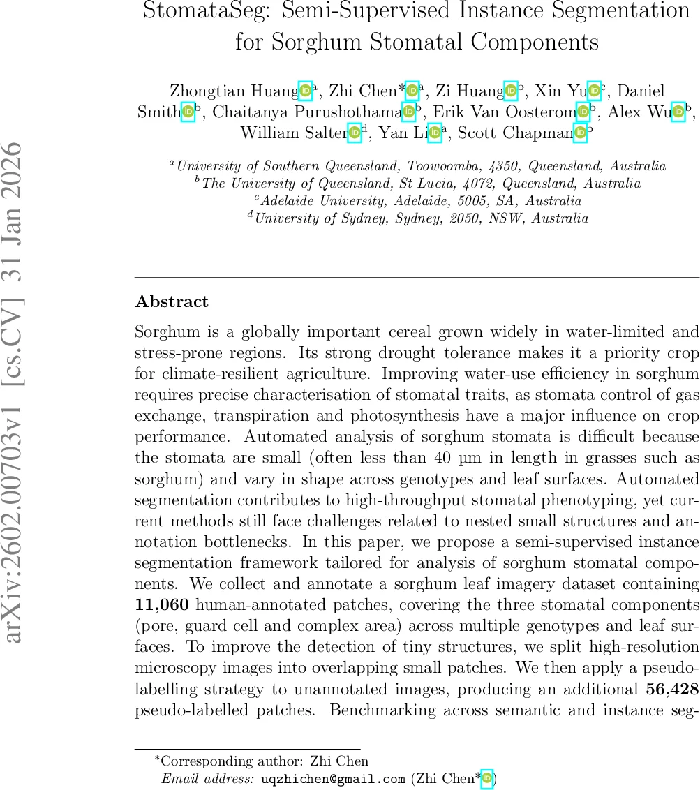 StomataSeg: Semi-Supervised Instance Segmentation for Sorghum Stomatal Components