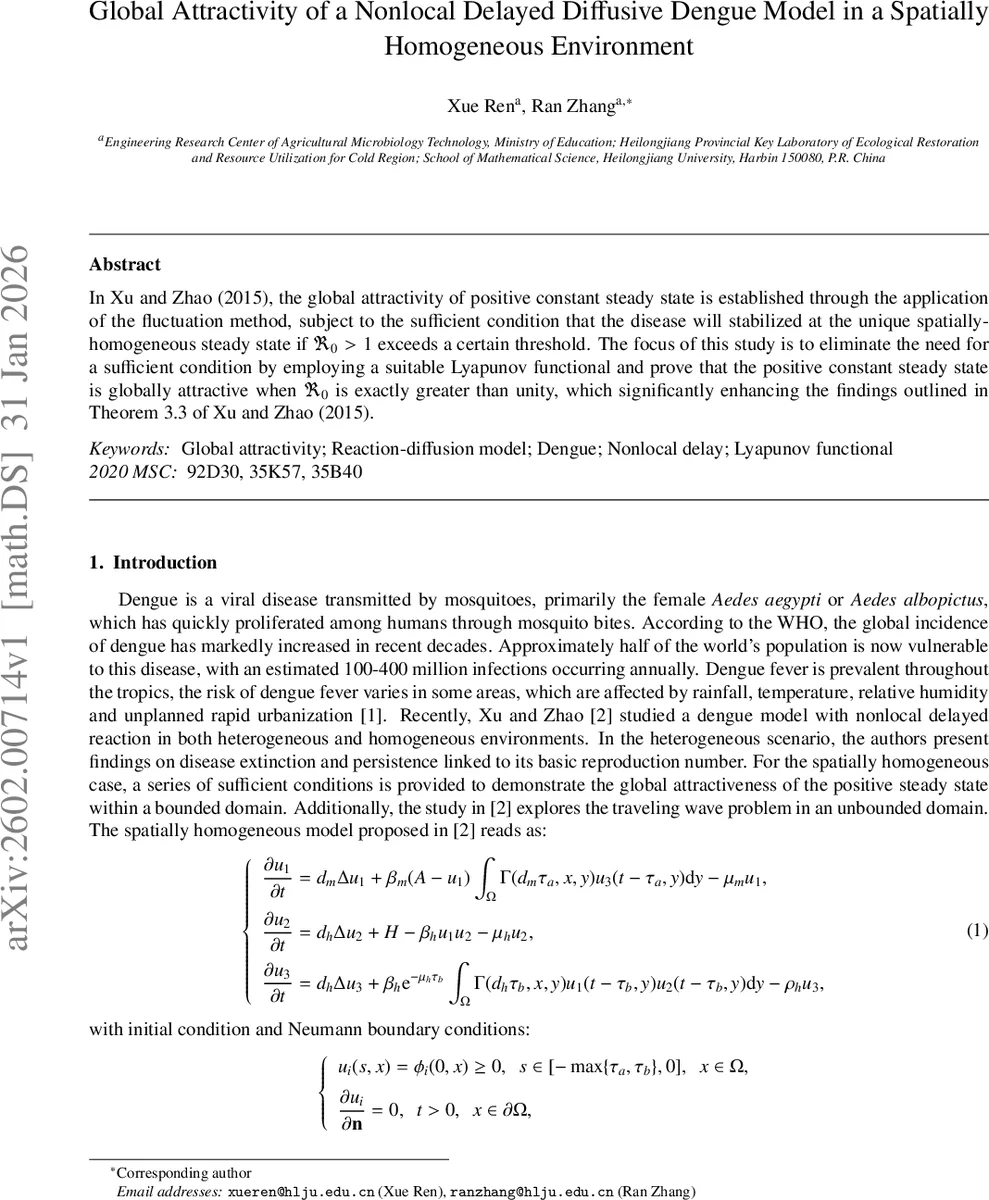 Global Attractivity of a Nonlocal Delayed Diffusive Dengue Model in a Spatially Homogeneous Environment
