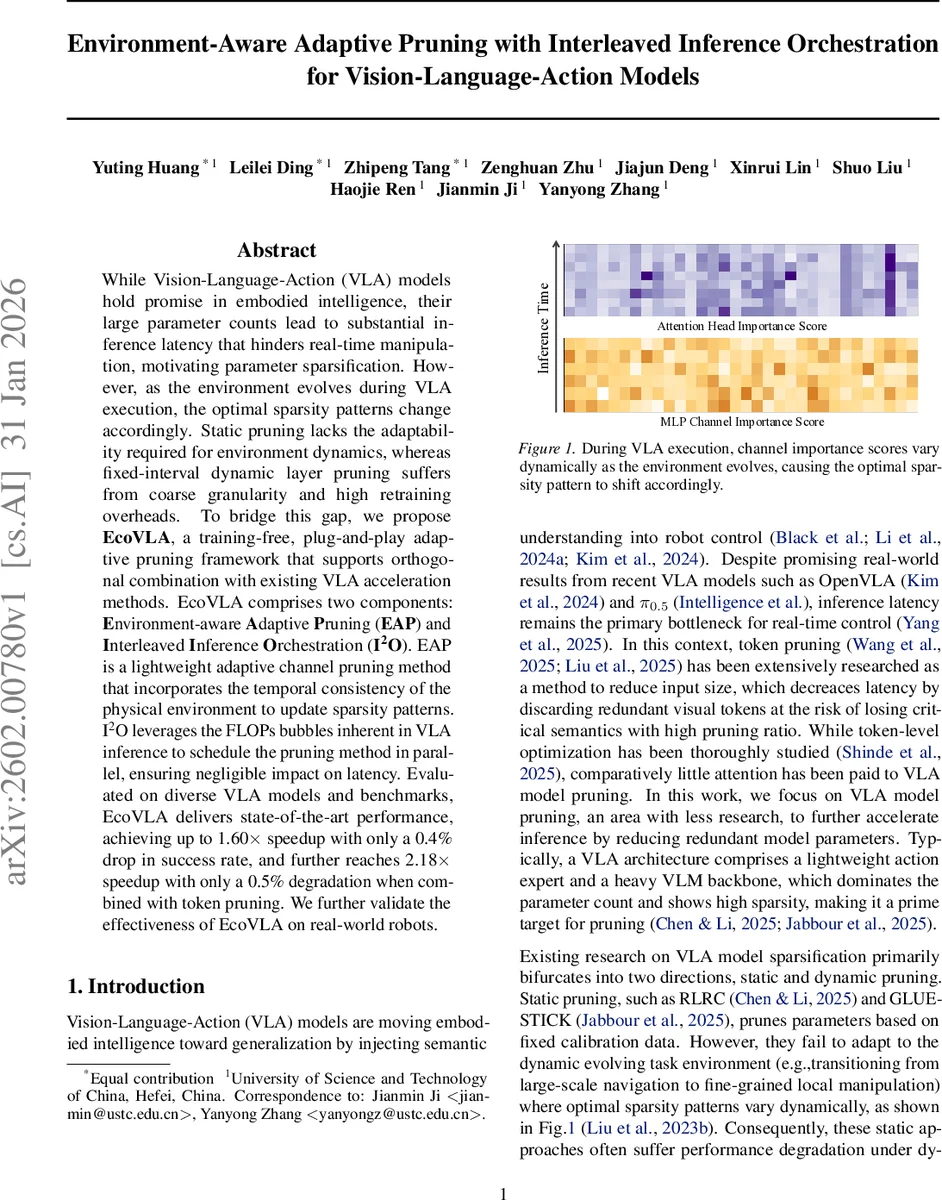 Environment-Aware Adaptive Pruning with Interleaved Inference Orchestration for Vision-Language-Action Models