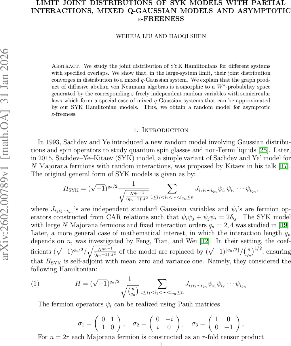 Limit joint distributions of SYK Models with partial interactions, Mixed q-Gaussian Models and Asymptotic $arepsilon$-freeness