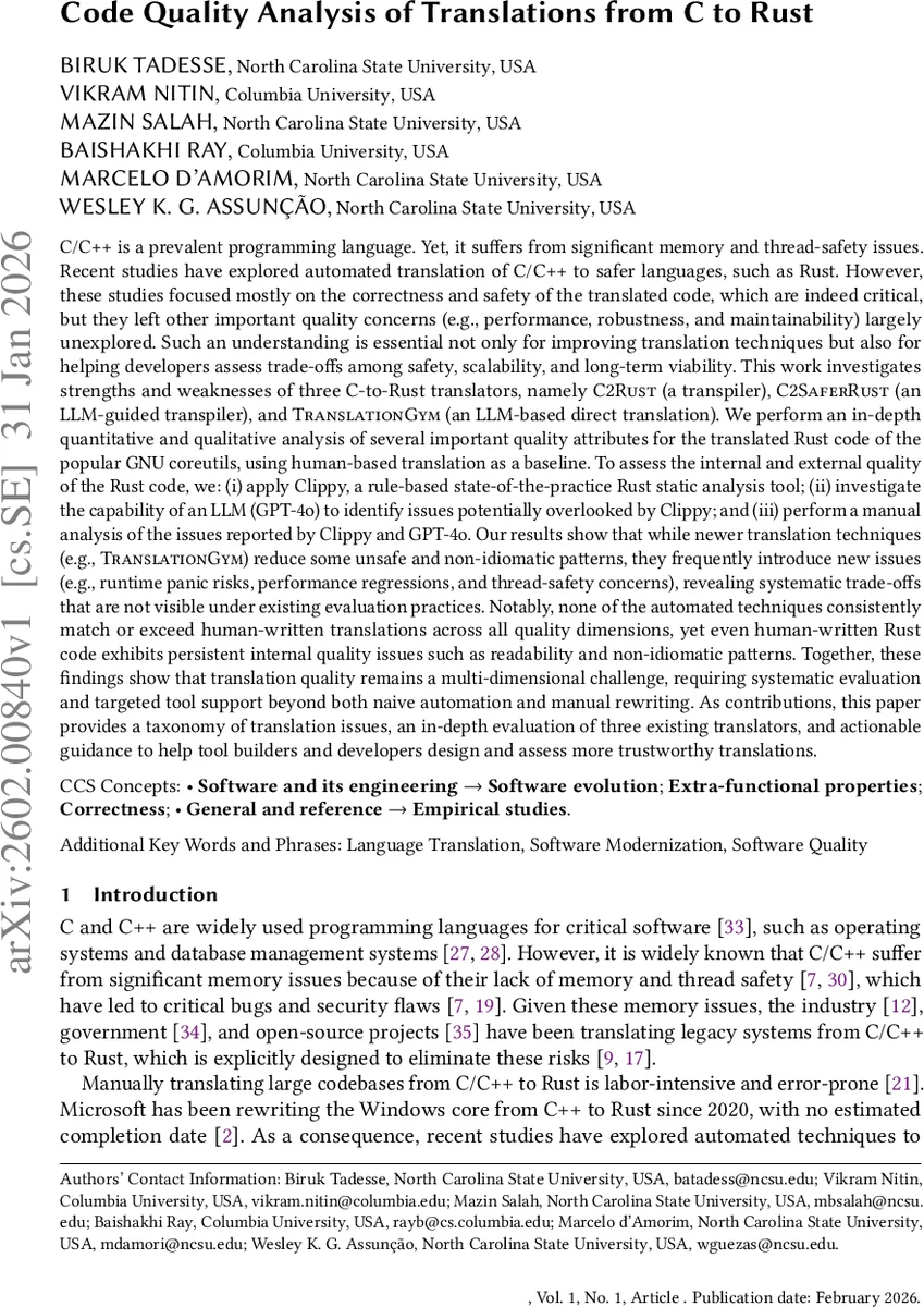 Code Quality Analysis of Translations from C to Rust