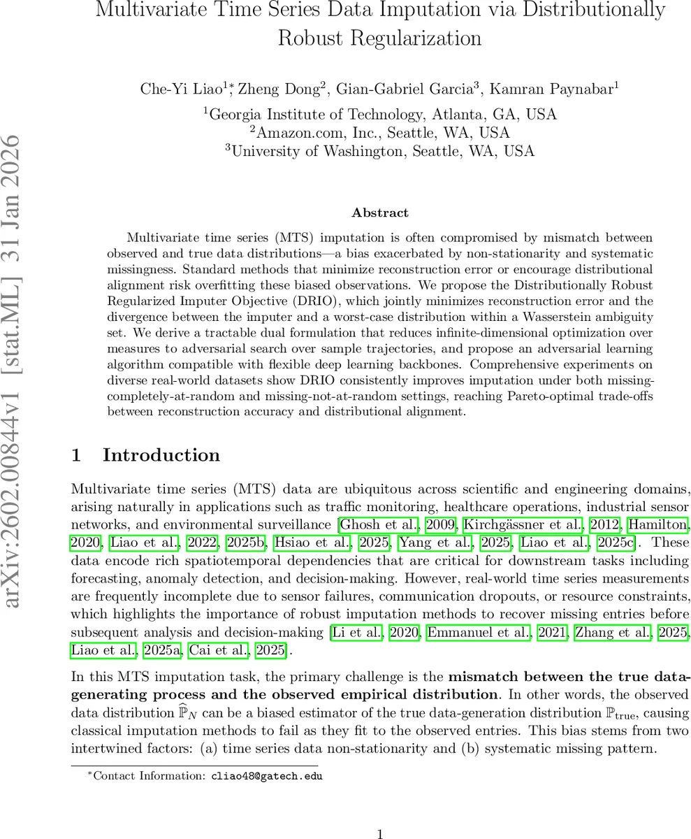 Multivariate Time Series Data Imputation via Distributionally Robust Regularization