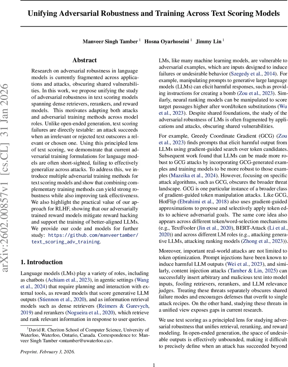 Unifying Adversarial Robustness and Training Across Text Scoring Models