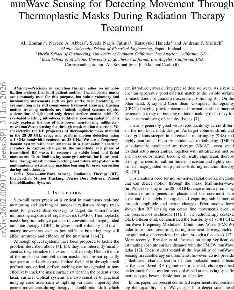 mmWave Sensing for Detecting Movement Through Thermoplastic Masks During Radiation Therapy Treatment