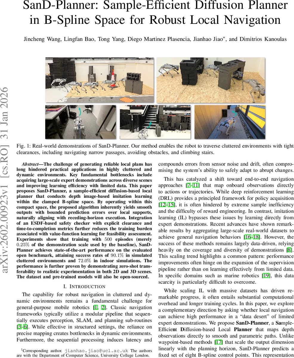 SanD-Planner: Sample-Efficient Diffusion Planner in B-Spline Space for Robust Local Navigation