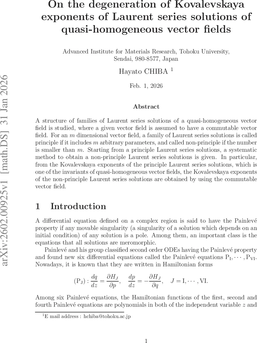 On the degeneration of Kovalevskaya exponents of Laurent series solutions of quasi-homogeneous vector fields