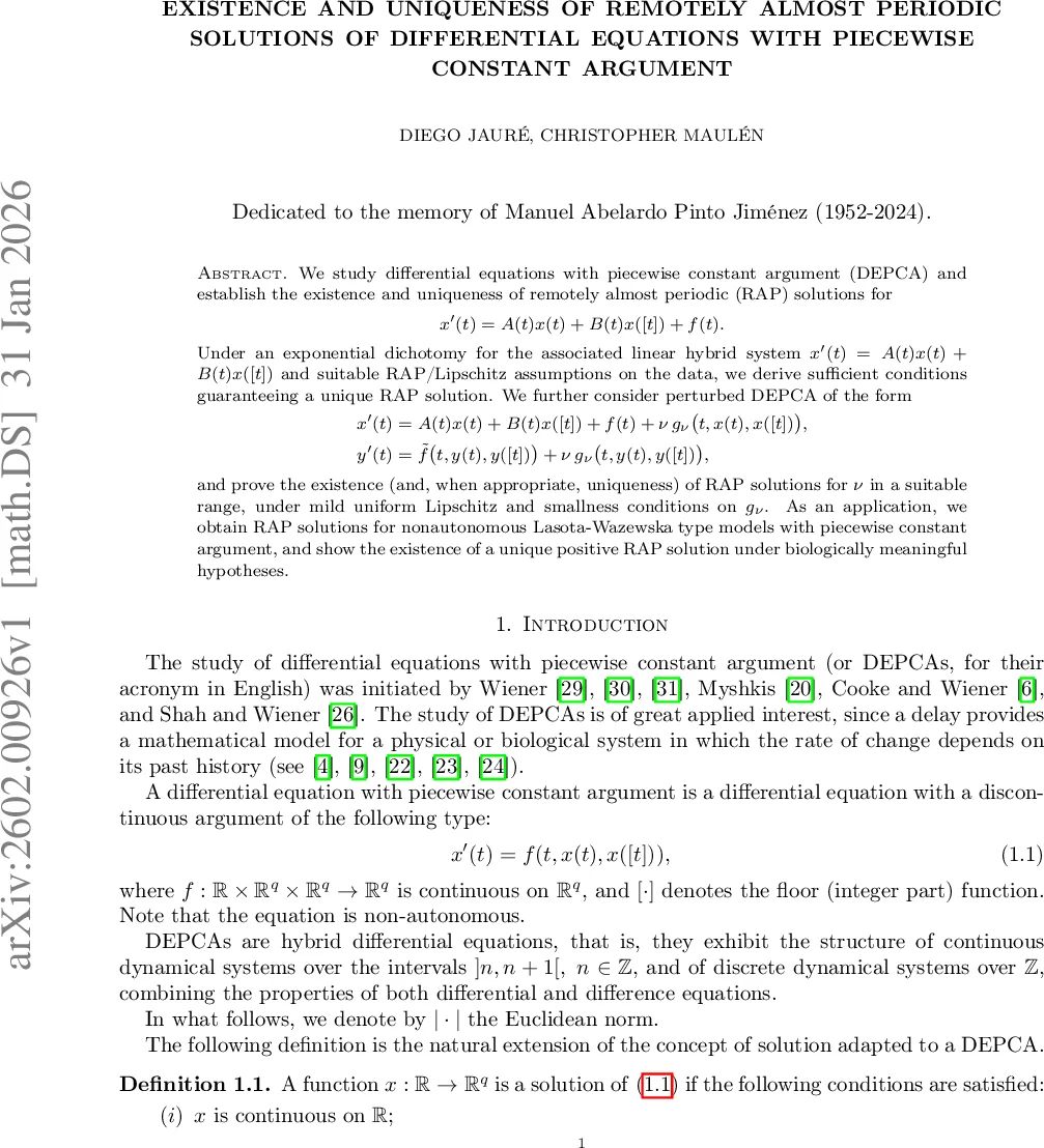 Existence and uniqueness of Remotely Almost Periodic solutions of differential equations with piecewise constant argument