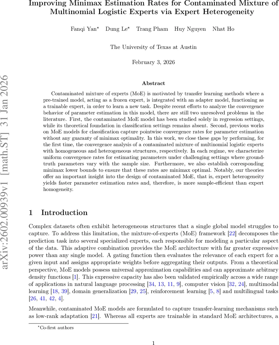 Improving Minimax Estimation Rates for Contaminated Mixture of Multinomial Logistic Experts via Expert Heterogeneity