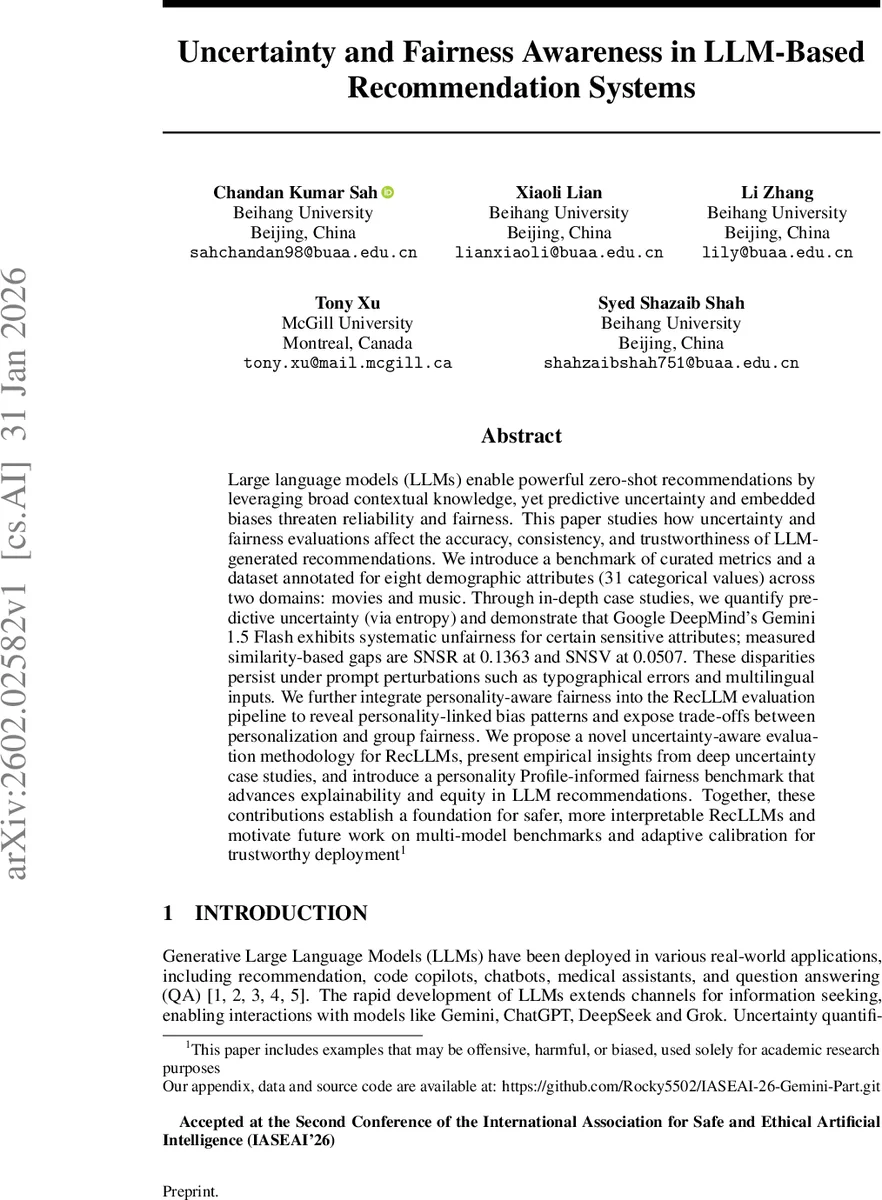Uncertainty and Fairness Awareness in LLM-Based Recommendation Systems