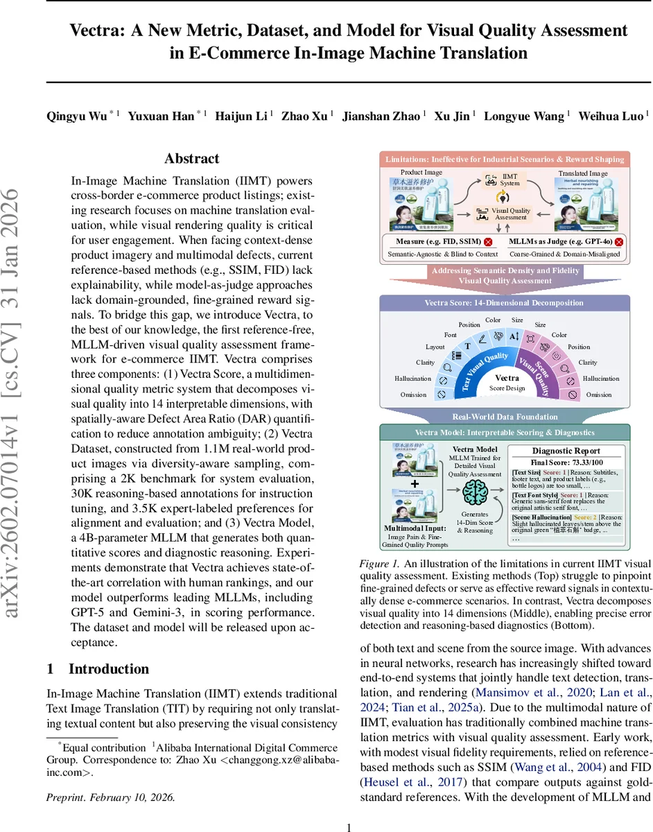 Vectra: A New Metric, Dataset, and Model for Visual Quality Assessment in E-Commerce In-Image Machine Translation