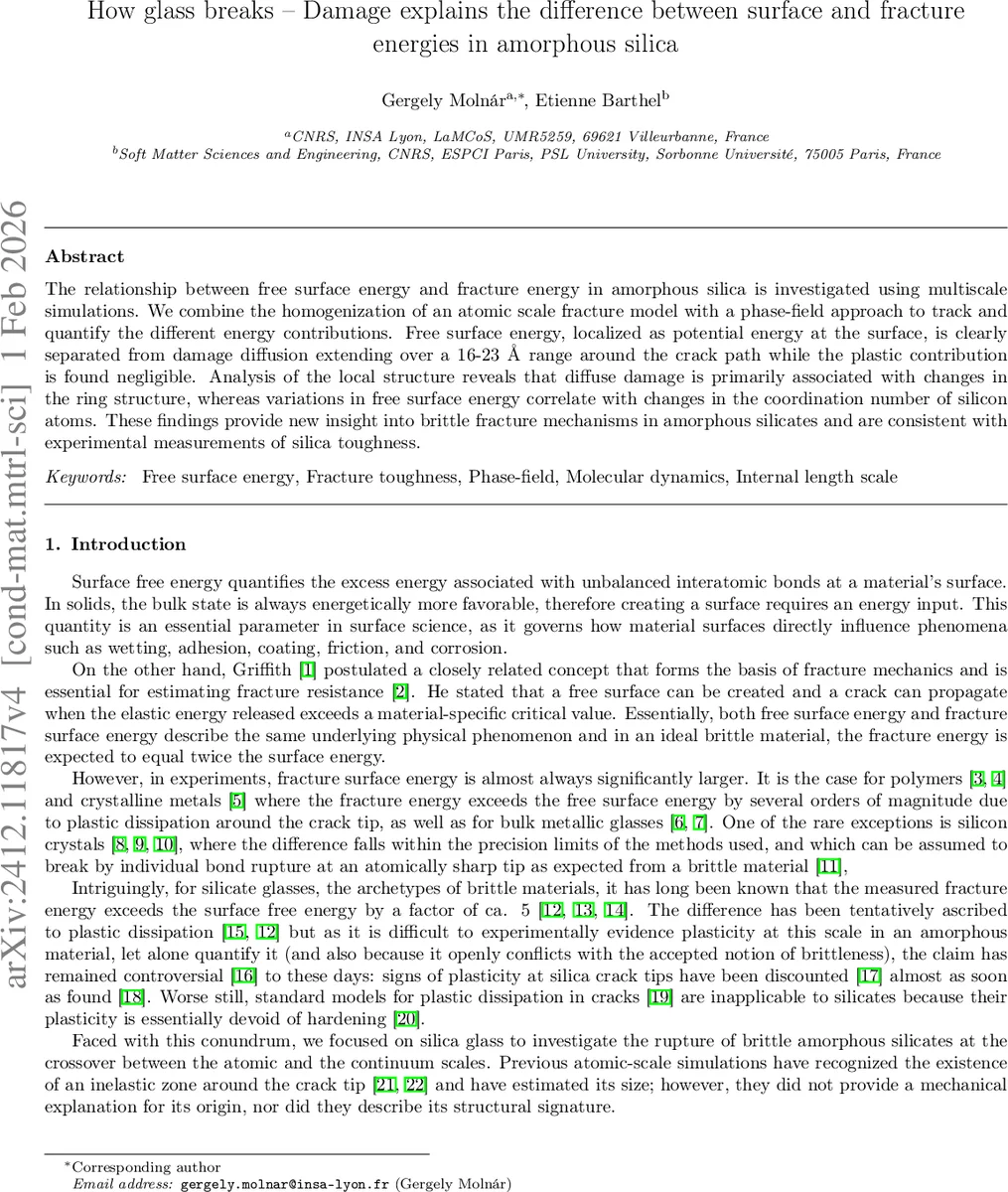 How glass breaks -- Damage explains the difference between surface and fracture energies in amorphous silica