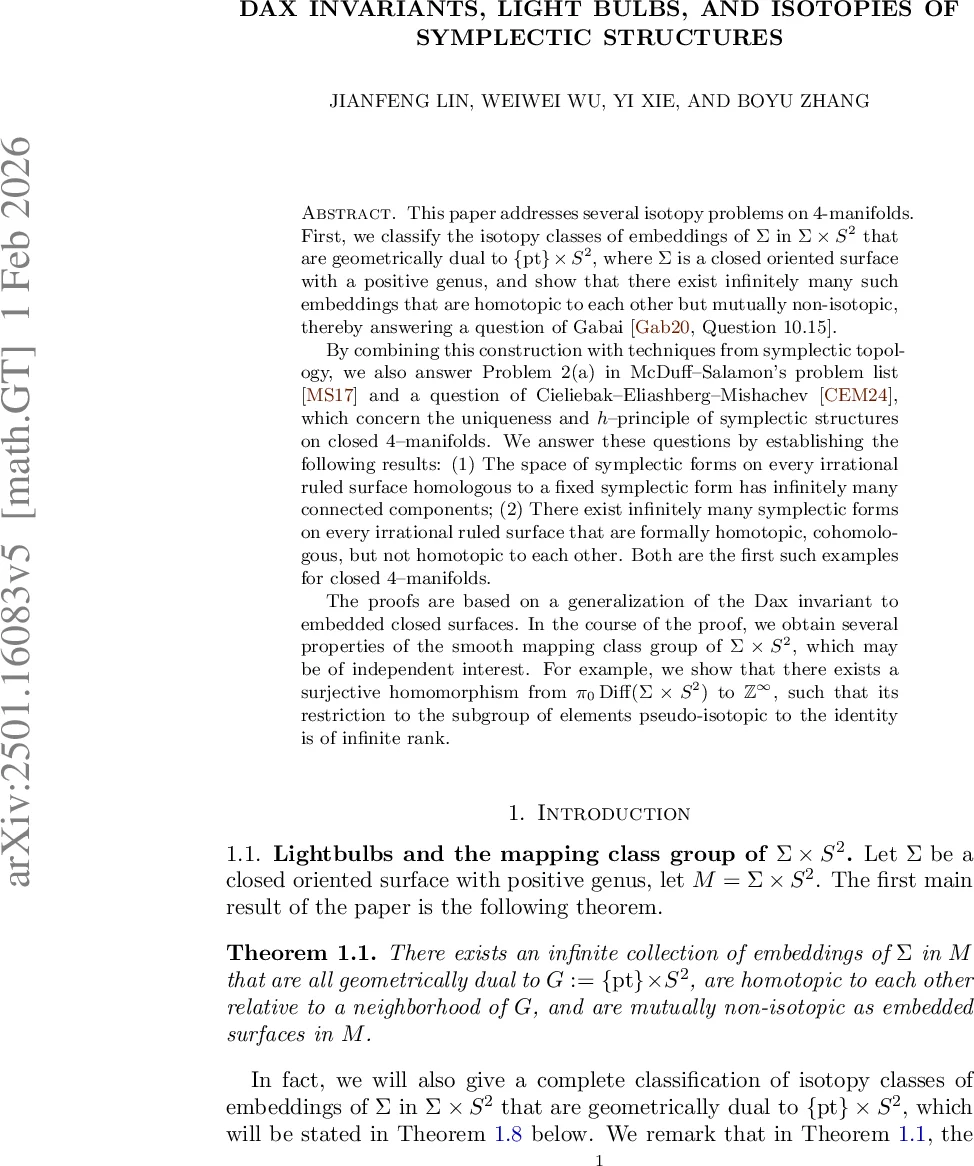 Dax invariants, light bulbs, and isotopies of symplectic structures