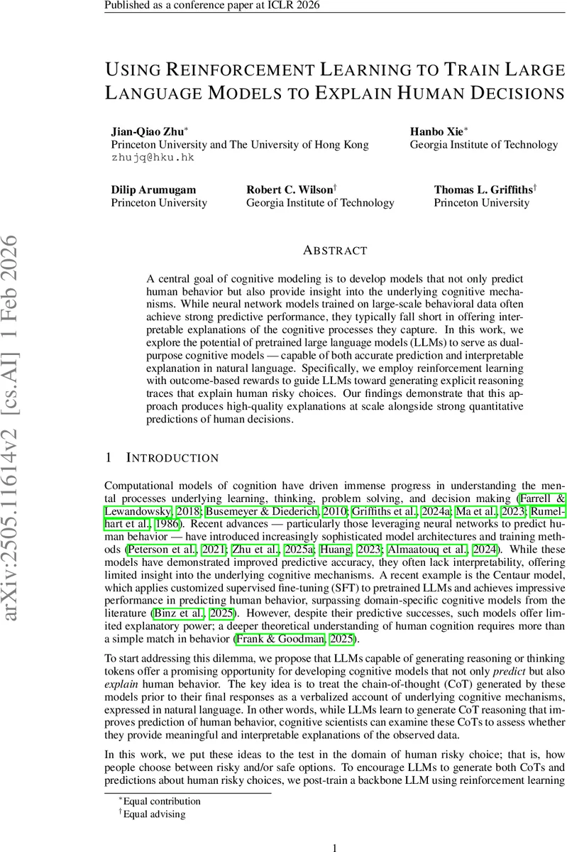 Using Reinforcement Learning to Train Large Language Models to Explain Human Decisions