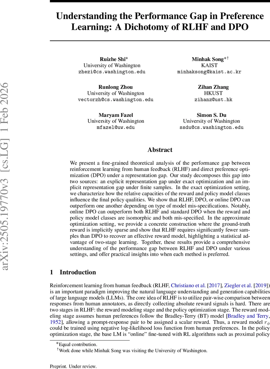 Understanding the Performance Gap in Preference Learning: A Dichotomy of RLHF and DPO