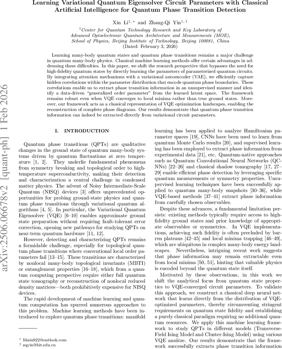 Learning Variational Quantum Circuit Parameters with Classical Artificial Intelligence for Quantum Phase Transition Detection