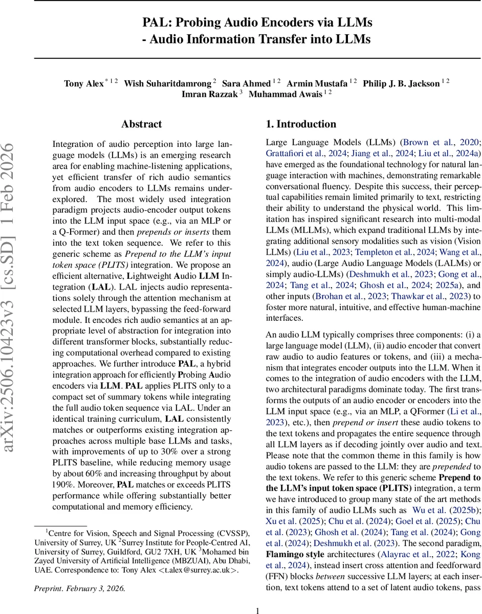 PAL: Probing Audio Encoders via LLMs -- Audio Information Transfer into LLMs