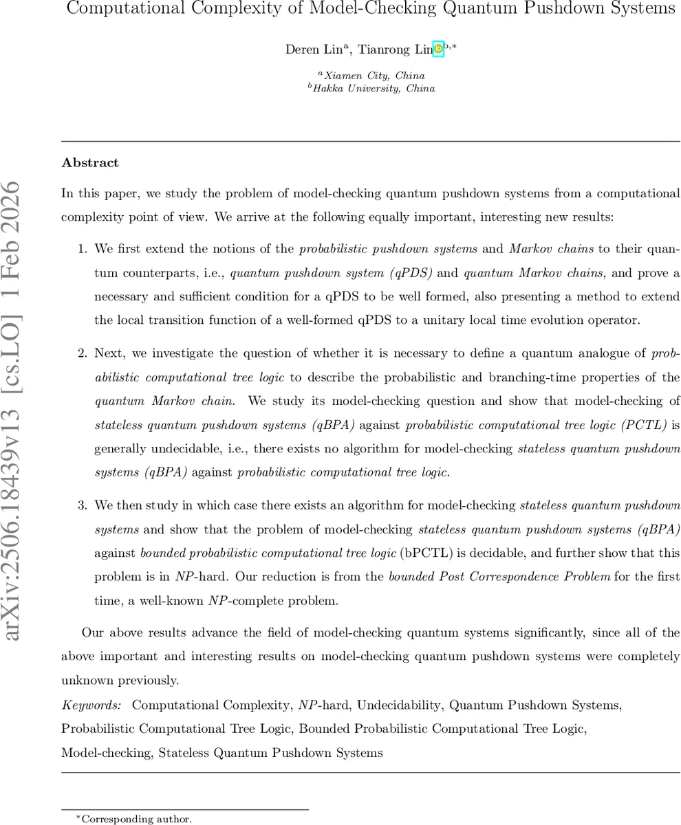 Computational Complexity of Model-Checking Quantum Pushdown Systems