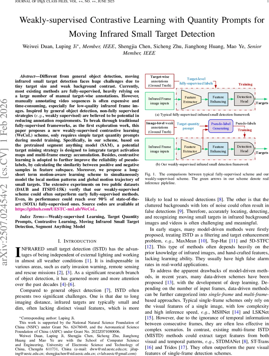 Weakly-supervised Contrastive Learning with Quantity Prompts for Moving Infrared Small Target Detection