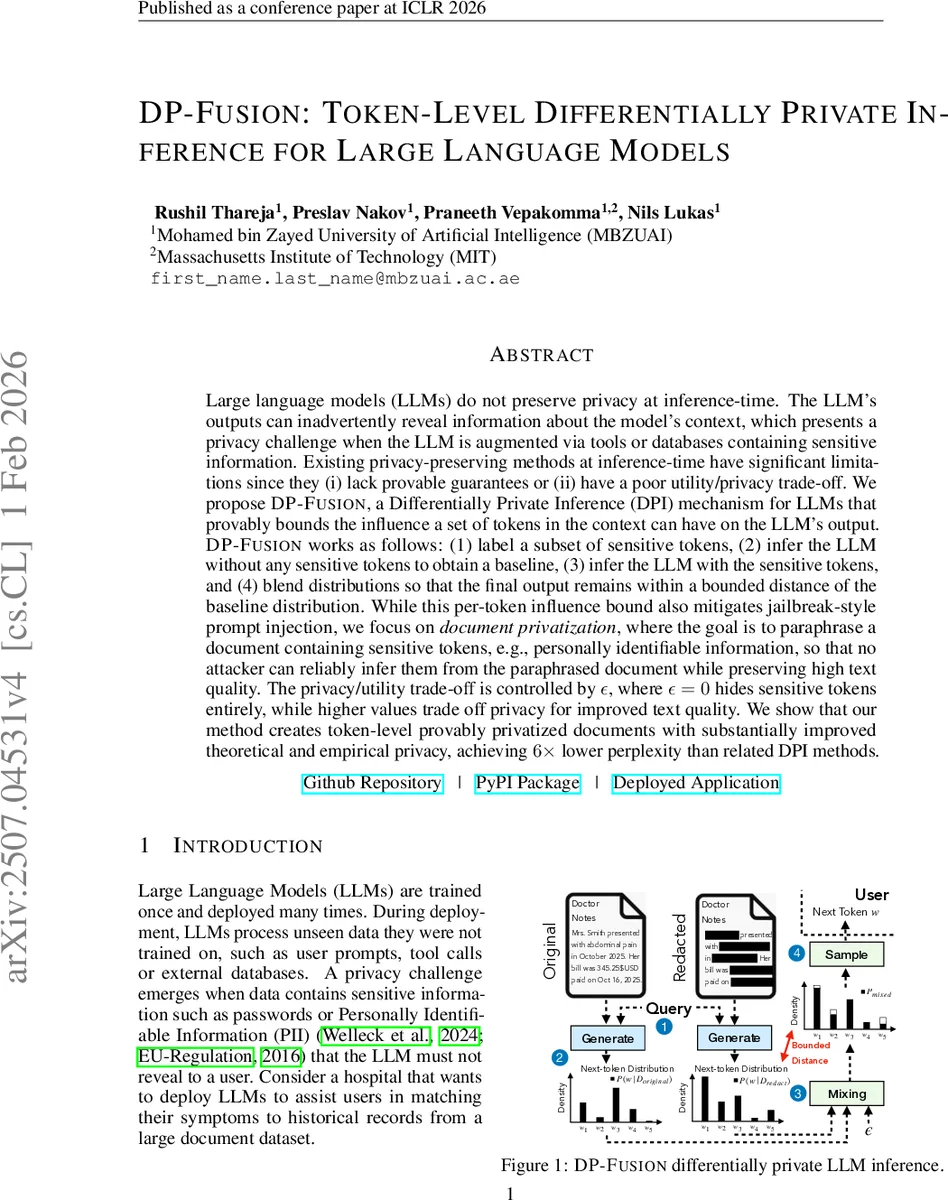 DP-Fusion: Token-Level Differentially Private Inference for Large Language Models