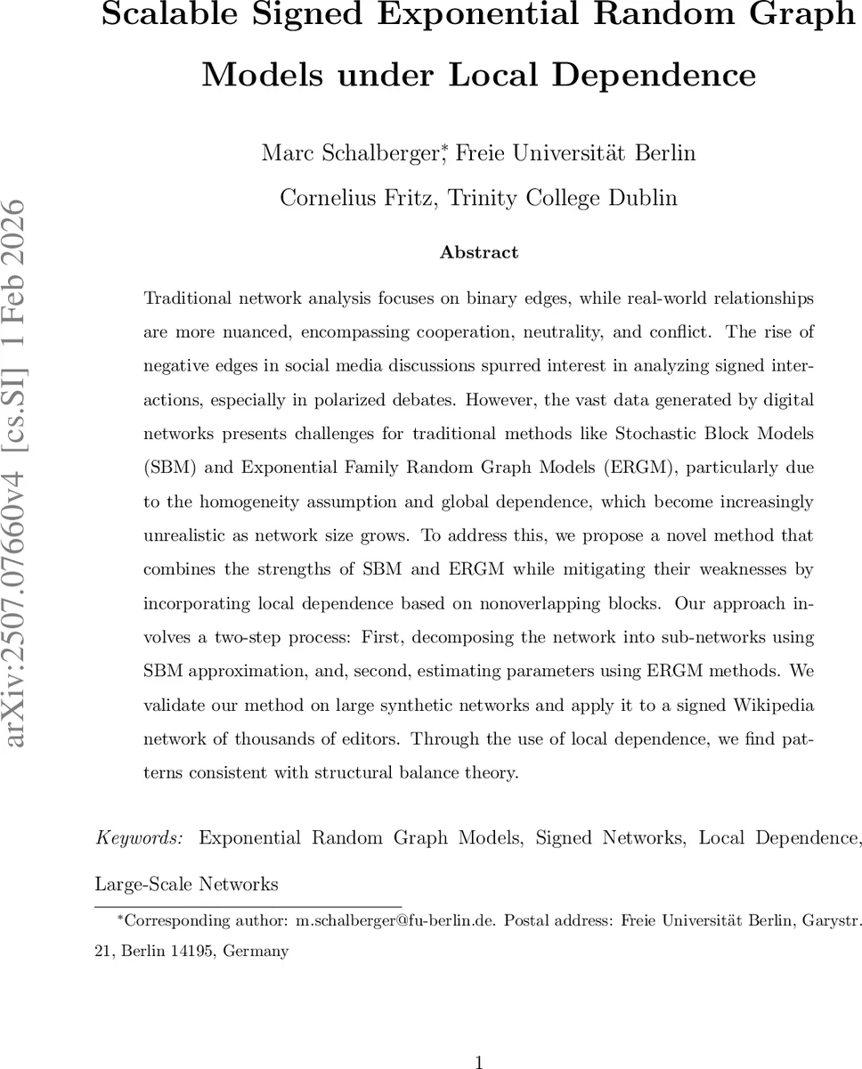 Scalable Signed Exponential Random Graph Models under Local Dependence