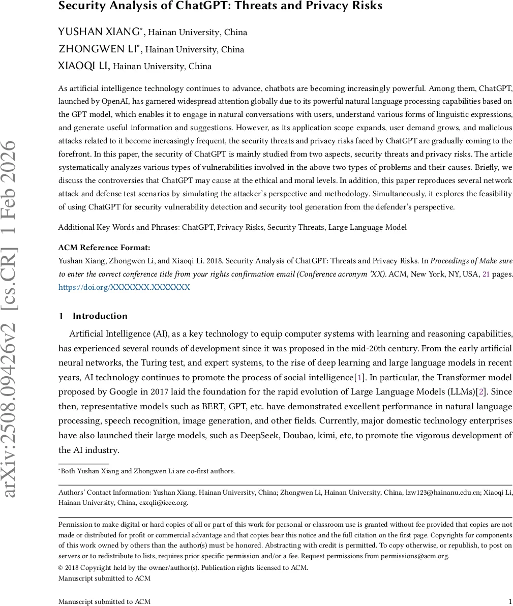 Security Analysis of ChatGPT: Threats and Privacy Risks