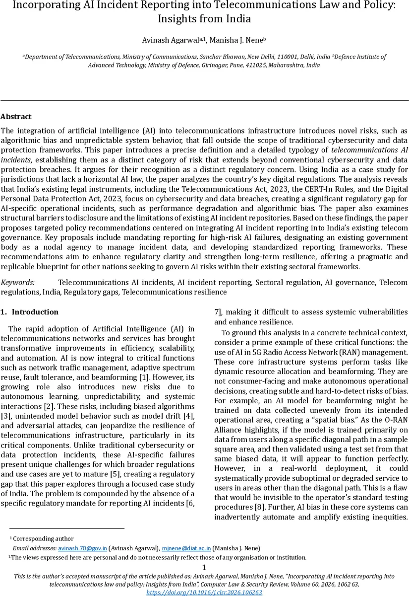 Incorporating AI incident reporting into telecommunications law and policy: Insights from India