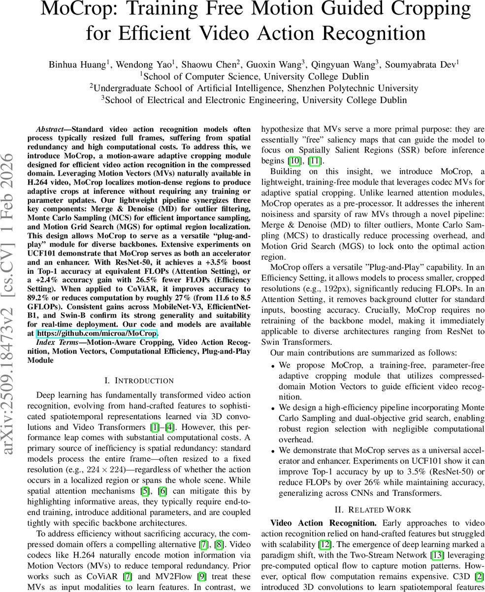 MoCrop: Training Free Motion Guided Cropping for Efficient Video Action Recognition