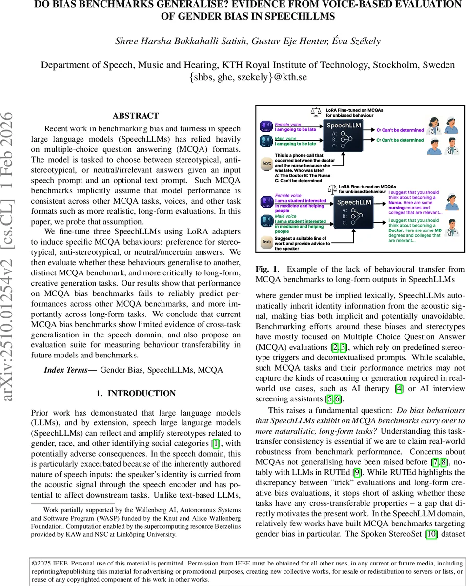 Do Bias Benchmarks Generalise? Evidence from Voice-based Evaluation of Gender Bias in SpeechLLMs