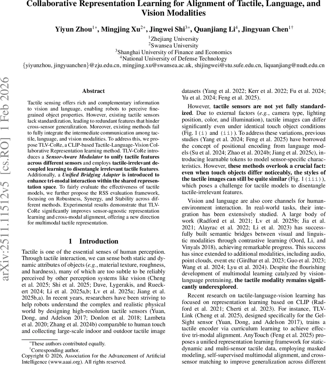 Collaborative Representation Learning for Alignment of Tactile, Language, and Vision Modalities