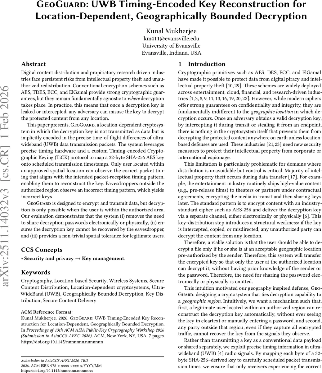 GeoGuard: UWB Timing-Encoded Key Reconstruction for Location-Dependent, Geographically Bounded Decryption