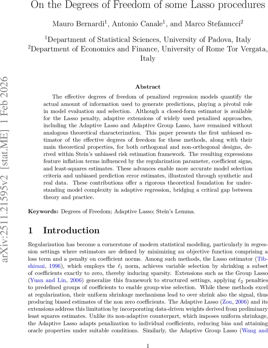 On the Degrees of Freedom of some Lasso procedures