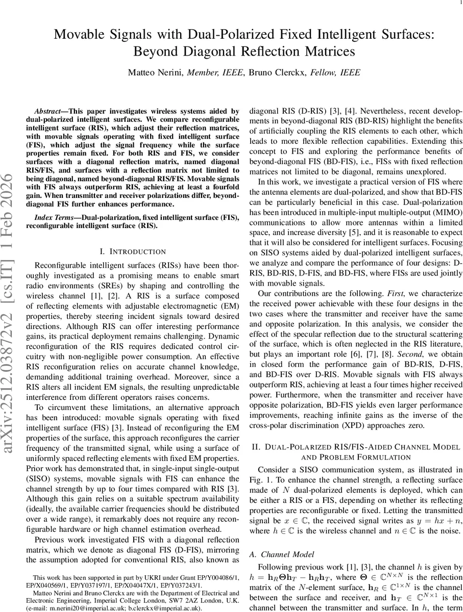 Movable Signals with Dual-Polarized Fixed Intelligent Surfaces: Beyond Diagonal Reflection Matrices