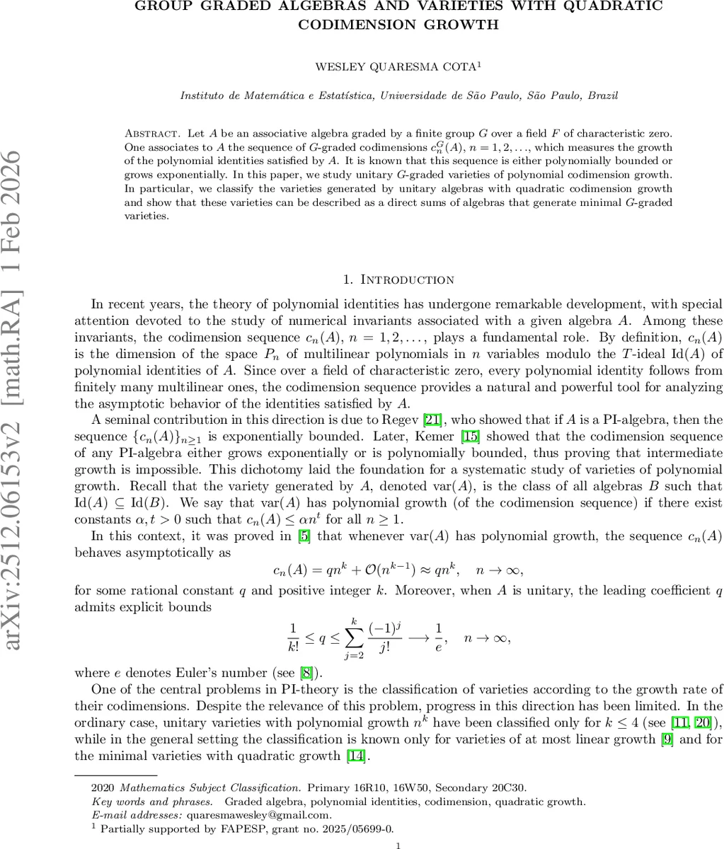 Group graded algebras and varieties with quadratic codimension growth