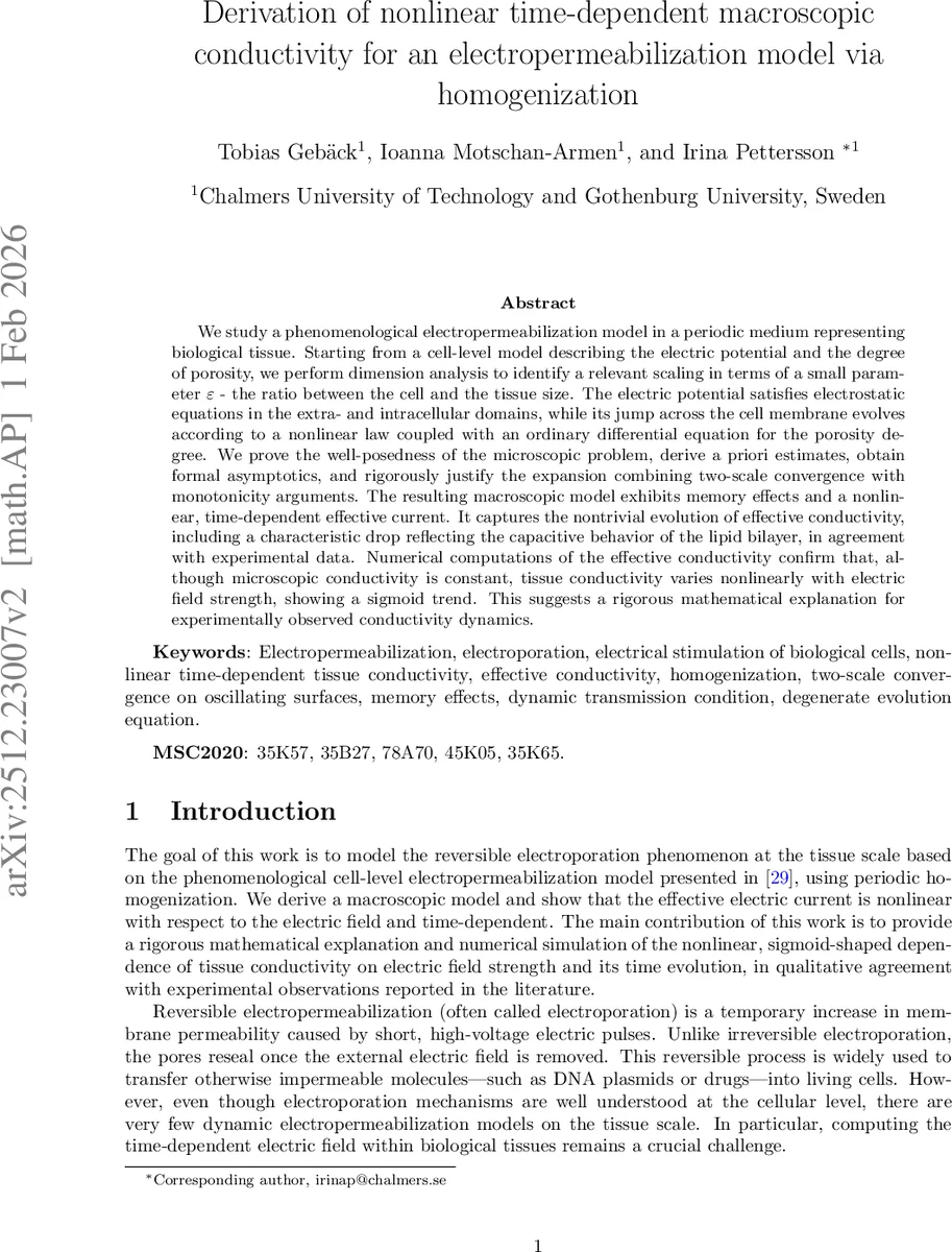 Derivation of nonlinear time-dependent macroscopic conductivity for an electropermeabilization model via homogenization