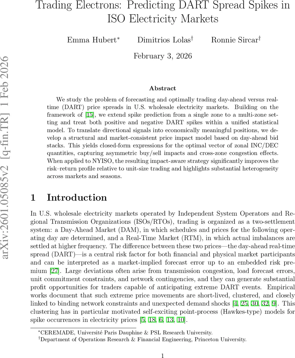 Trading Electrons: Predicting DART Spread Spikes in ISO Electricity Markets