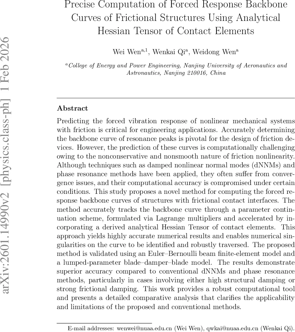 Precise Computation of Forced Response Backbone Curves of Frictional Structures Using Analytical Hessian Tensor of Contact Elements