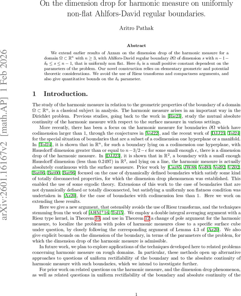 On the dimension drop for harmonic measure on uniformly non-flat Ahlfors-David regular boundaries