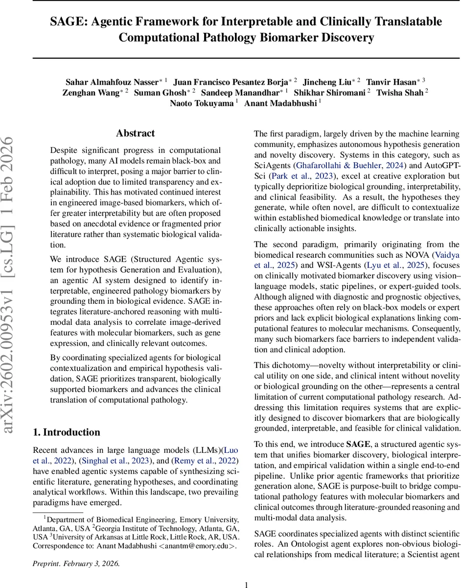SAGE: Agentic Framework for Interpretable and Clinically Translatable Computational Pathology Biomarker Discovery