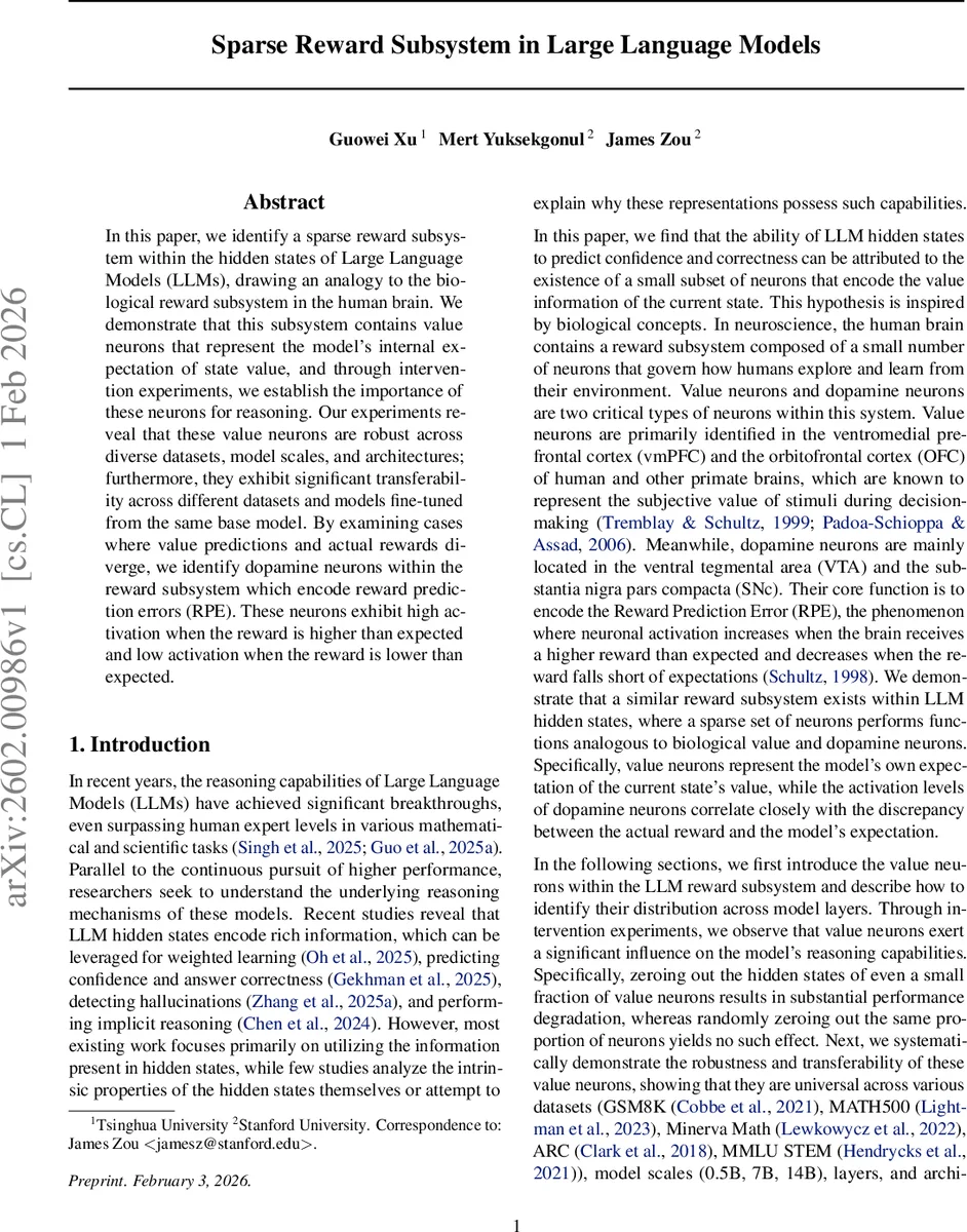 Sparse Reward Subsystem in Large Language Models