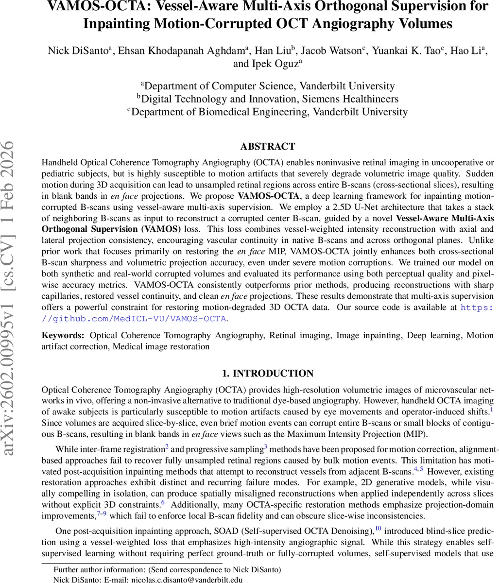 VAMOS-OCTA: Vessel-Aware Multi-Axis Orthogonal Supervision for Inpainting Motion-Corrupted OCT Angiography Volumes
