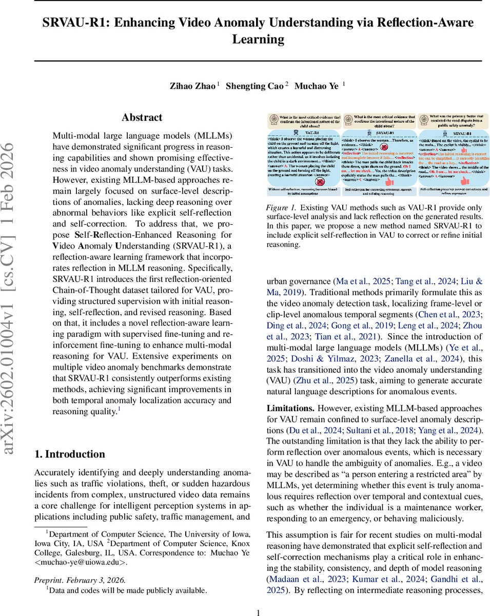 SRVAU-R1: Enhancing Video Anomaly Understanding via Reflection-Aware Learning