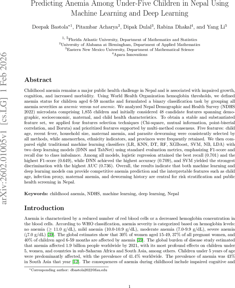 Predicting Anemia Among Under-Five Children in Nepal Using Machine Learning and Deep Learning